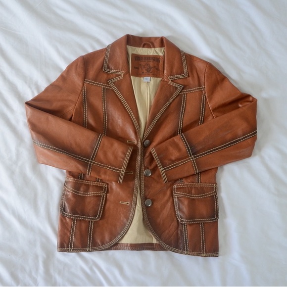 True Religion Brown Leather Jacket: Size XS/S - Picture 1 of 6
